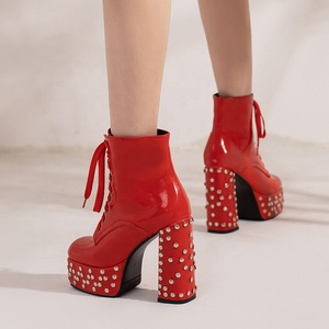 US Size 15 Large Size 48 for Big Feet Women's New Short <b>Boots</b> Lace up With Rivets Stud <b>Platform</b> Shoes Heels Chunky Booties - Product Image 4