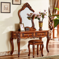 Table de toilette en bois sculpté antique avec grand miroir, élégante table de maquillage rétro pour la chambre, style américain glamour