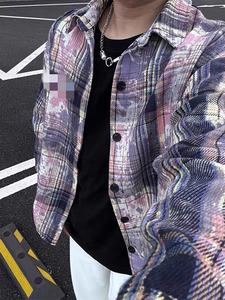 Chemise décontractée vintage oversize à carreaux tie-dye pour <span class=keywords><strong>homme</strong></span>, respirante en polyester, printemps-automne, boutonnée, style designer - Product Image 2