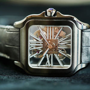 Montre automatique à mouvement mécanique en acier inoxydable, cuir véritable, rectangulaire, étanche, style designer, crâne - Product Image 5