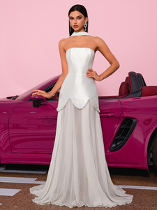 Vestido de novia de satén blanco sin tirantes con borde de cuentas y cola de tul, estilo sirena, para novia, vestido de fiesta de boda. - Product Image 3