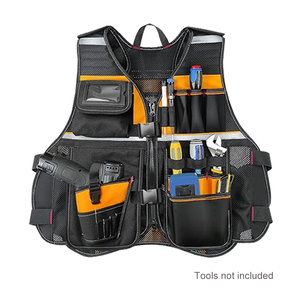 ツールベスト、ドリルホルスター付き電気技師用ツールベスト、17コンパートメント、ツールポケット付き反射作業服、オレンジ+ブラック - Product Image 1
