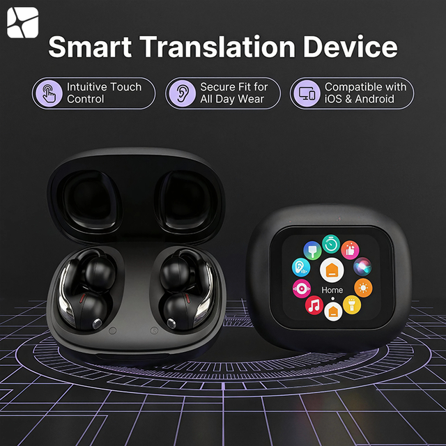 Smart Interpreter Earbuds for 5.4 IPX5 Waterproof Flashlight Ear-clip Design Touch Control Surround Sound 200+ Languages