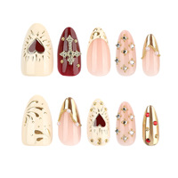 Ongles à presser de luxe style Baroque, motif léopard vintage automne, avec breloques 3D en métal doré, strass, perles, cœurs et croix