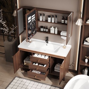 Walnut color bathroom cabinet ceramic integrated washbasin floor-standing bathroom cabinet bathroom - Product Image 4