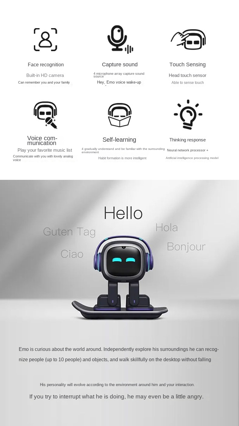 Cute White EMO Robot Pet with Charging Station & Voice AI
