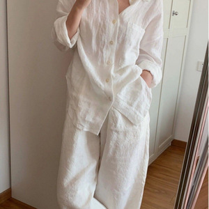 Completo da donna primaverile 2026 nuovo <span class=keywords><strong>in</strong></span> <span class=keywords><strong>misto</strong></span> <span class=keywords><strong>lino</strong></span> bianco: camicia e <span class=keywords><strong>pantaloni</strong></span> dal taglio ampio, elegante e casual, due pezzi - Product Image 2