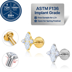 Labret classique JIAXIN pour enfants en titane ASTM F136 16G à filetage interne avec <span class=keywords><strong>grappe</strong></span> de zircone cubique marquise 5A pour piercing hélix - Product Image 1