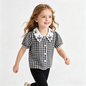 Camisa <span class=keywords><strong>Polo</strong></span> Infantil para <span class=keywords><strong>Niña</strong></span>, Estilo Vintage Dulce de Verano, con Botones al Frente, Cuello Peter Pan, Cuadros Blancos y Negros - Product Image 2