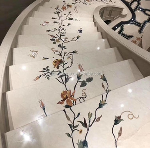 Escalera Personalizada <span class=keywords><strong>de</strong></span> Mármol Crema Marfil con Escalones <span class=keywords><strong>de</strong></span> Mármol Beige, Escalera con Diseño Floral - Product Image 4