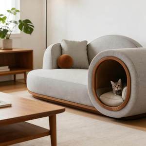 Canapé Moderne Courbé Rembourré Écologique avec Remplissage en Éponge et Niche Intégrée pour Chat, Canapé Partagé Convivial pour Animaux de Compagnie - Product Image 4