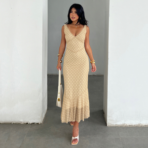 Vestido Largo de Verano Estilo Francés con Estampado de Puntos para Mujer, Cuello en V, Sin Mangas, con Volantes en el Bajo, Corte Ajustado, Maxi Vestido - Product Image 3