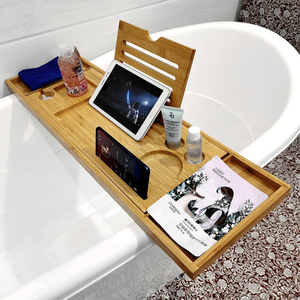 Bamboo Expandable Foldable Bathtub Rack Caddy <strong>Bath</strong> <strong>Table</strong> with Book Phone Holder Rack Bathroom Storage Rack for Suitable Bathtubs - Product Image 3