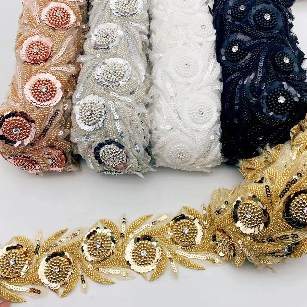 ZSY 절묘한 로즈 골드 꽃 모조 다이아몬드 스팽글 씨앗 구슬 레이스 아플리케 로즈 패턴 신부 드레스를위한 페르시 레이스 트림