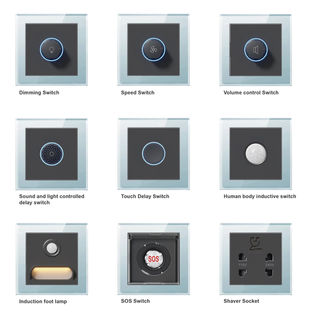 Tempered Glass Single Pole Wall Light Switch with USB a & C Ports 2-Port 13A 110V-220V UK Plug IP20