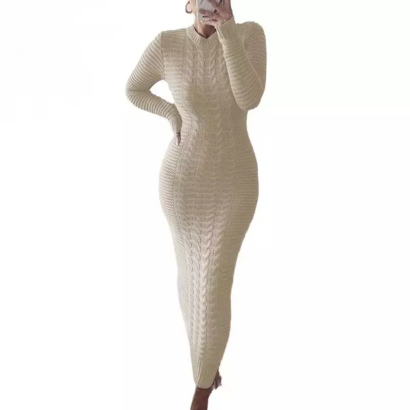 Winter Thicken Turtleneck Sweater Maxi Dress Women Lace Up Knitted Long Dress Female Knitwear Soft High Quality Pure Colorドレス