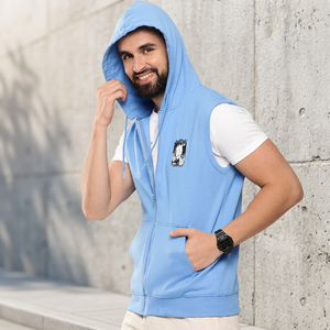 100% Cotton Solid Slim Fit Hooded Fleece Zip-Up <b>Sleeveless</b> <b>Hoodie</b> Men's Gym Wear with Zipper Winter Fitness Jacket - Product Image 2