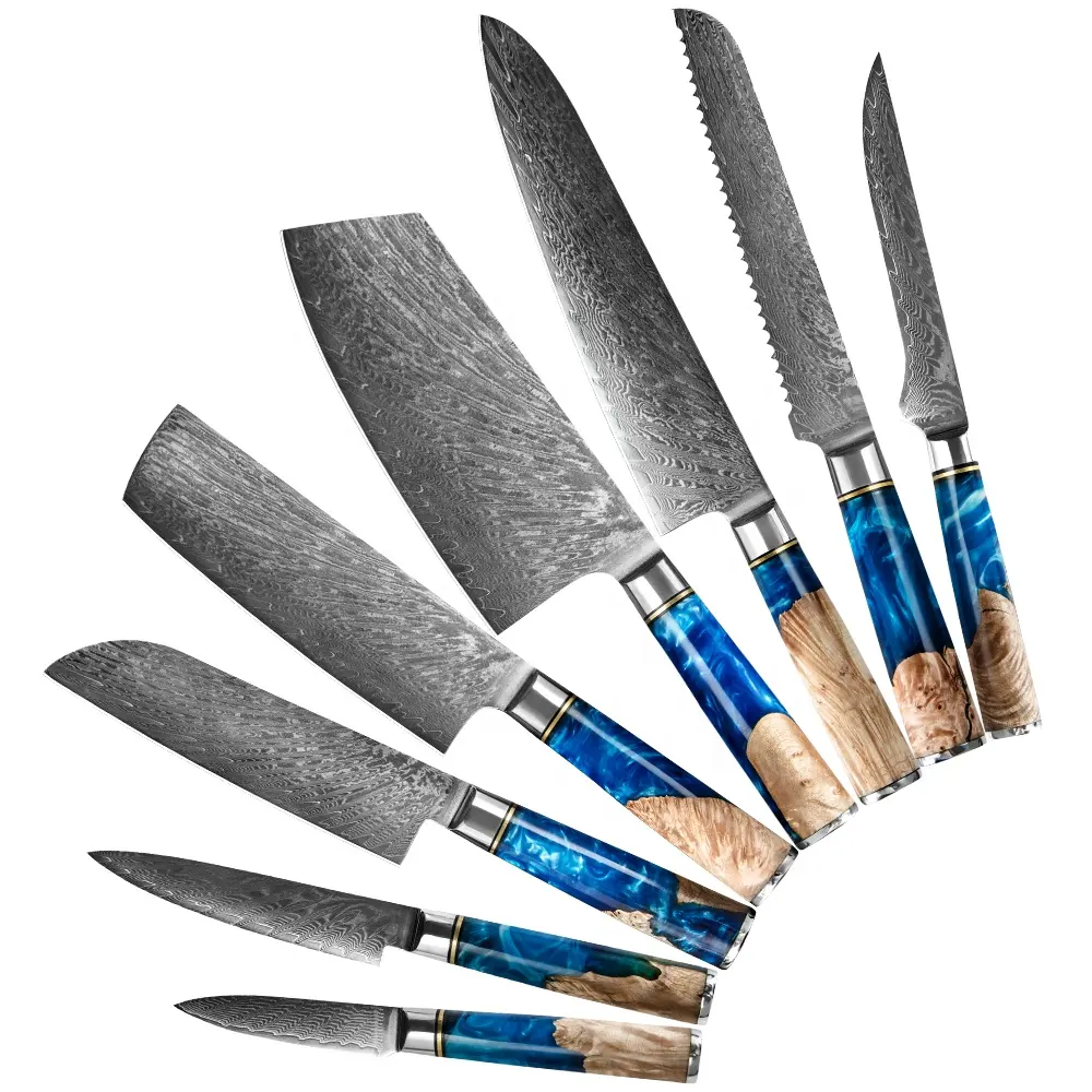 OooBee, venta al por mayor, 67 capas, 8 Uds., cuchillos de Damasco japoneses de acero al carbono Vg10, cuchillo de cocina OEM forjado