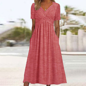 Nuovo <span class=keywords><strong>Abito</strong></span> Estivo da Donna alla Moda, Manica Corta, Tinta Unita, con Tasche, Scollo a V <span class=keywords><strong>Incrociato</strong></span>, Lunghezza <span class=keywords><strong>Midi</strong></span>, Casual - Product Image 3