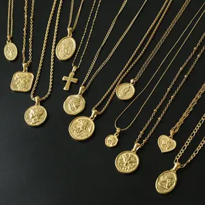 Wholesale Europe and America Jewelry Gold Embossed Signet Coin Shell Rose Flower Virgin Mary Angel Jesus Cross Pendant Necklaces
