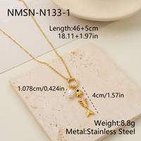 Set Kalung Mutiara Air Tawar Tulang Ikan Lapis Emas PVD Baja Anti Karat Pantai Musim Panas, Anting-anting Kristal Zirkon Ekor Ikan Gaya Laut untuk Wanita