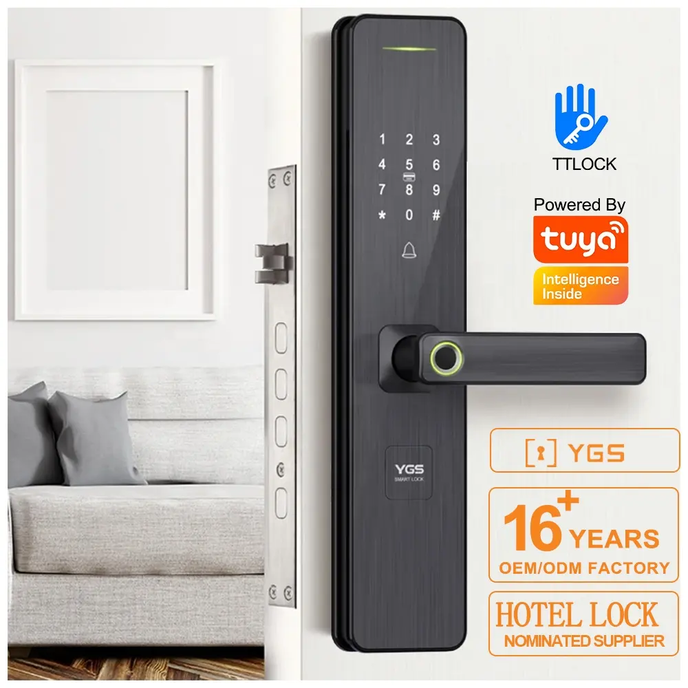 Fornitore T8 Smart serrature di sicurezza WiFi Tuya APP codice Password biometrico digitale Smart legno porta serratura maniglia con chiave