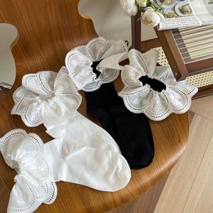 White Lace Trimmed <b>Socks</b> Women Short Mid Calf <b>Breathable</b> Korean Style Jacquard Medium Thickness - Product Image 1