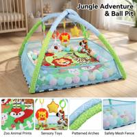 Tapis d'éveil pour bébé nouveau-né avec 5 jouets suspendus et 18 balles océaniques, support en mousse, base en coton, tapis de jeu pour bébé