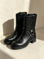 Bottes mi-mollet noires à bout carré, bride métallique, talon carré bas, style moto, pour femme, automne-hiver, chaussures de ville, OEM ODM
