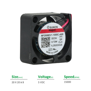 Ventilador Axial de Vaporización SUNON MF20080V1-1000C-A99 Eléctrico 20x20x8mm 5VDC 90mA 0.72W 15000RPM 1.6CFM OEM/ODM para Gabinetes de Refrigeración e Inversores - Product Image 2