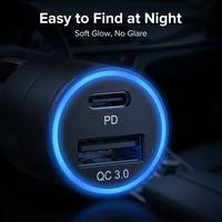 Mini chargeur de voiture double port PD20W QC18W USB-C PD USB-A QC3.0 avec anneau lumineux LED bleu, charge rapide 12V/24V, chargeur de téléphone universel pour voiture