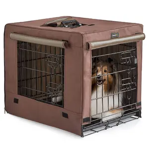 犬猫クレートカバー付き屋内小型犬用犬クレートキット、両開きドア犬小屋、折りたたみ式金属輪郭犬ケージ