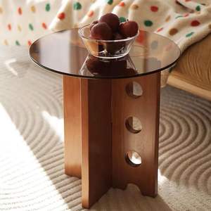 Mesa de Centro de Madera Maciza con Tapa de Vidrio Templado, Redonda, Moderna y Minimalista, Mesa Auxiliar para Sala de Estar - Product Image 2