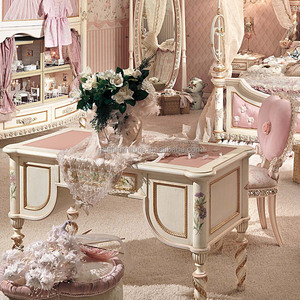 Mesa y silla de madera maciza para niños, Muebles personalizados, dormitorio europeo, rosa, tallado, pintado a mano - Product Image 1