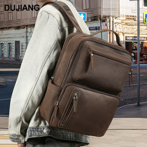 Dujiang Crazy Horse Leather <b>Backpack</b> Men's Business Travel Bag Retro Genuine Leather Casual Solid Color Multi Functional <b>20L</b> - Product Image 1