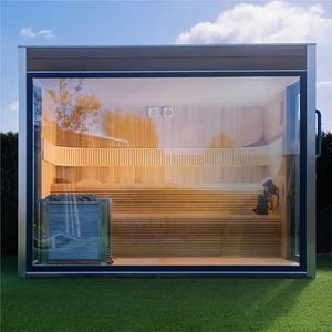 All-in-<span class=keywords><strong>one</strong></span> 6kW binnen- en buiten sauna cabine, moderne natte stoomsauna, massief dennenhout, voor villa-ontspanning, natte stoom, binnen douche - Product Image 5