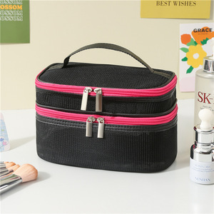 Neceser de viaje minimalista, organizador de maquillaje portátil de gran capacidad, de doble capa, de malla con bloques de color, para uso en el baño del hogar - Product Image 6