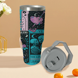 Gobelet isotherme 30oz avec poignée, motif Cartes de Tarot Mystiques, squelette et sorcière, rose turquoise, Mug de voyage, Stock USA, Cadeau gothique pour les amateurs de Tarot - Product Image 5