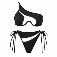 Op maat gemaakte full colour print zijdelingse bandjes asymmetrische one-shoulder cut-out beugelbeha strandkleding bikini OEM ODM fabriek eigen merk logo