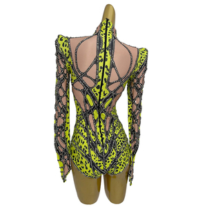 Body Sexy con Stampa e Strass, Costume da Spettacolo per Cantanti e Ballerine, Tuta Intera per Performance Live - Product Image 3