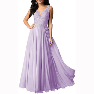 V-neck Sleeveless Chiffon Bridesmaid Dress A-Line Long Purple Wedding Banquet Gown - Product Image 1