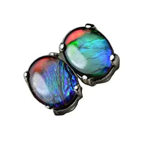 925 纯银 9x 7毫米椭圆形凸面宝石加拿大 Ammolite 耳钉