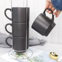 קפה משקאות קפוצ 'ינו לאטה אמריקנו תה סט של 4 שחור 14.5 oz פורצלן כוס stackable ספלי עם מתכת stand