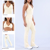Set Yoga 2 Potong Wanita Terlaris, Pakaian Olahraga Sensasi Nude, Atasan Halter Tanpa Punggung & Legging Melebar Bahan Nylon/Spandex, Set Fitness Gym