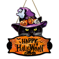 Panneau suspendu en bois pour Halloween, motif chat noir, pour salon, panneau de bienvenue pour porte, décoration murale, pour l'international