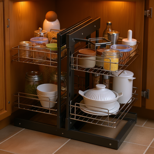 Organisateur coulissant d'angle pour placard de cuisine, 4 étagères, 2 niveaux, chromé, panier de rangement alimentaire - Product Image 2