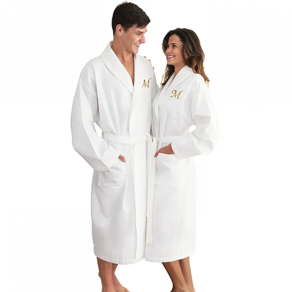 โลโก้ที่กำหนดเองผ้าฝ้าย 100% ผ้าคลุมไหล่วาฟเฟิล Dressing Gown เสื้อคลุมอาบน้ำ Unisex ชายผู้หญิงสีขาว Robe
