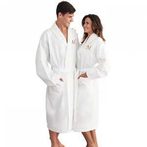 knee length dresses for ladies Women's Pima Robe in White with Navy Piping