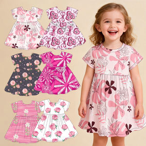 En stock, robe d'été pour filles, nouvelle robe <span class=keywords><strong>à</strong></span> manches courtes <span class=keywords><strong>à</strong></span> imprimé floral <span class=keywords><strong>rose</strong></span>, confortable et douce pour la peau, robe de princesse décontractée pour filles - Product Image 1