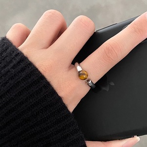 S925 Pure <b>Silver</b> Minimalist Tiger Eye Stone <b>Ring</b> for Women Vintage Style Niche Design <b>Adjustable</b> Inlay Setting Licensed Private - Product Image 3